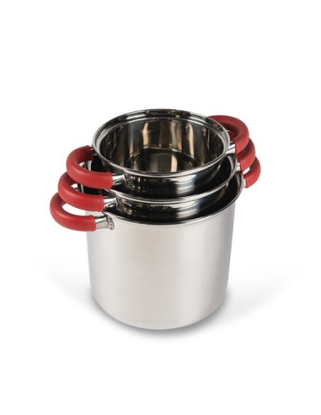 Platzsparendes Deluxe-Kochgeschirr-Set von Kampa, 3 Töpfe und Sieb.