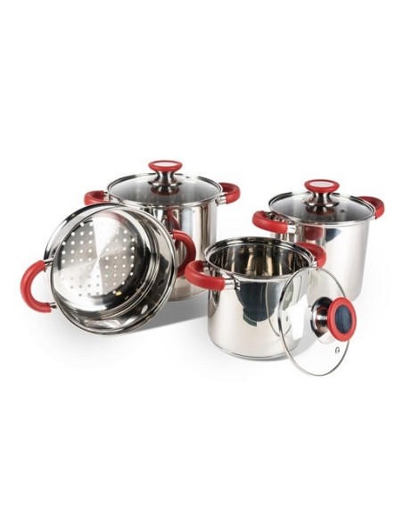 Platzsparendes Deluxe-Kochgeschirr-Set von Kampa, 3 Töpfe und Sieb.