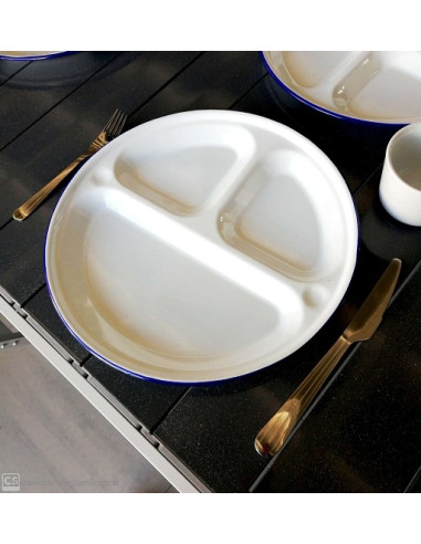 Round metal plate with three sections.