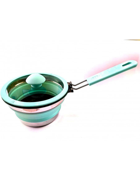 Cazo plegable de silicona con tapa de cristal Cazo plegable de silicona con tapa de cristal