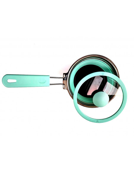Cazo plegable de silicona con tapa de cristal Cazo plegable de silicona con tapa de cristal