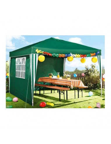 Carpa cenador plegable 3x3 metros con dos paredes laterales, ideal para exteriores.
