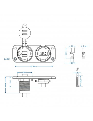 6-30V socket and embeddable voltmeter + 2 USB ports 2100mA
