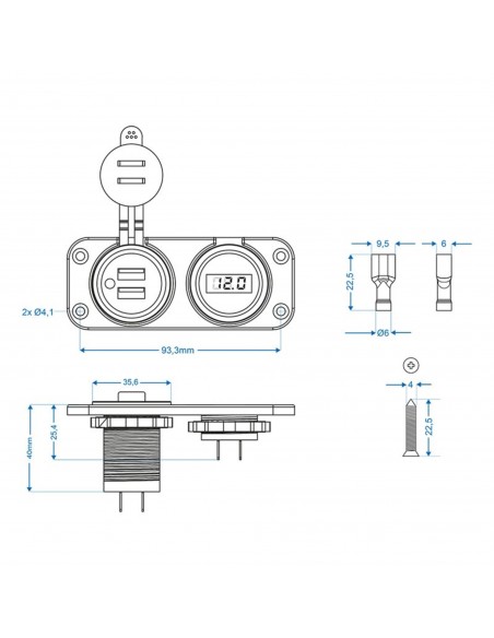 Tomada 6-30V e voltímetro embutido + 2 portas USB 2100mA
