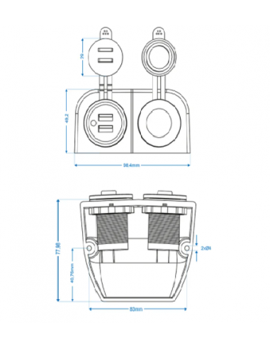 Surface socket: DIN port + double USB 2x2100mA 12v