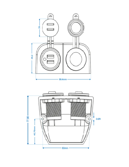 Soquete de superfície: porta DIN + USB duplo 2x2100mA 12v