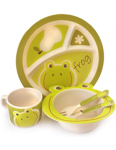 Children's bamboo frog design tableware of 5 pieces.