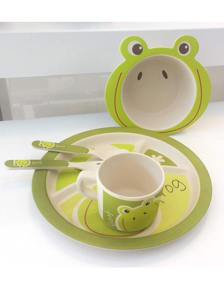 Children's bamboo frog design tableware of 5 pieces.