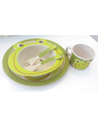 Utensílios de mesa infantil de design de sapo de bambu de 5 peças.