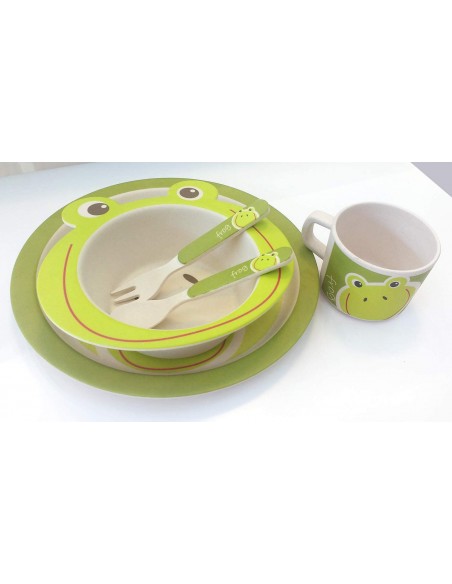 Children's bamboo frog design tableware of 5 pieces.