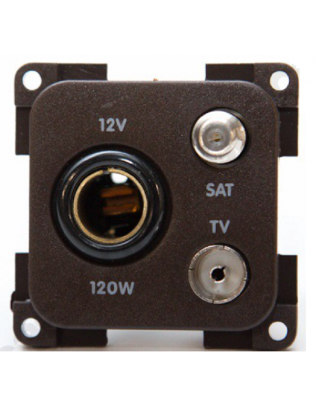 Tomada de ligação interior 3 em 1. Satélite, 12v e TV Castanho