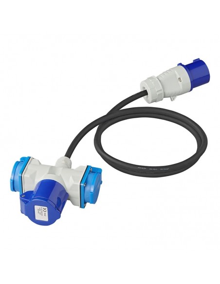 Adapter cable 150cm 3x1.5mm² from CEE plug to 2xSchuko + 1xCEE connector Adapter cable 150cm 3x1.5mm² from CEE plug to 2xSchuko + 1xCEE connector