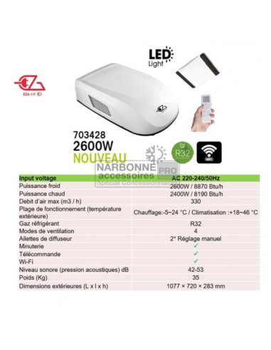 Aria condizionata con pompa di calore + diffusore EZA 2600 W Bianco