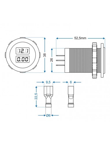 Voltímetro y amperímetro para encastrar 6 a 30V