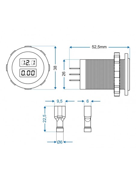 Voltímetro y amperímetro para encastrar 6 a 30V