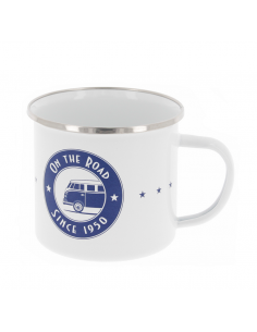 Taza VW T1 blanca de metal "On the Road "esmaltado 500ml