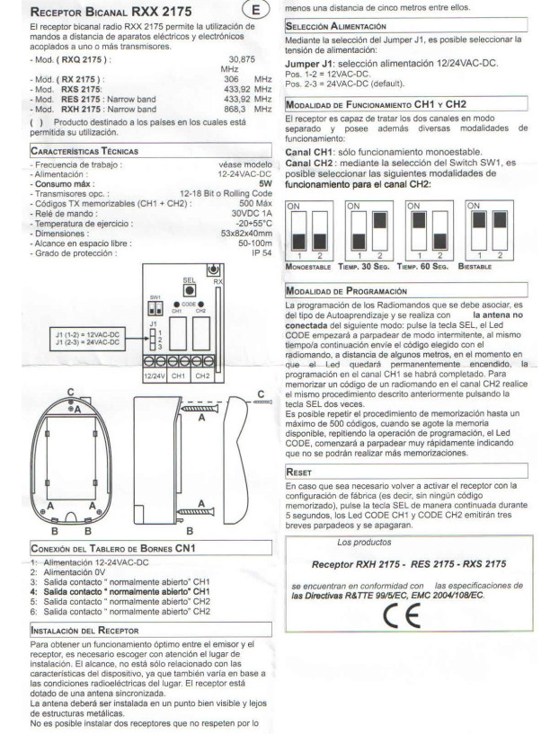 Receptor 2 canali cod aperti con comando. Relè indipendente.
