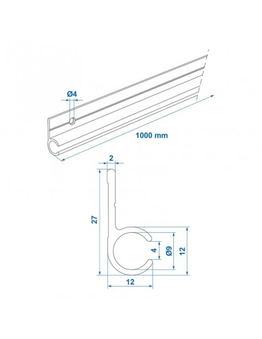Tubo in alluminio Riel con angolo 90° di base da 1 metro x 2.7 cm