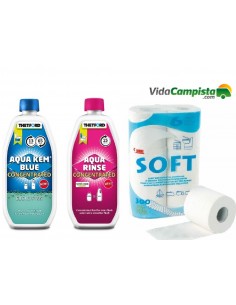 Pack Aqua Kem Blue concentrado eucalipto + rinse concentrado + papel higiénico Soft Fiamma.