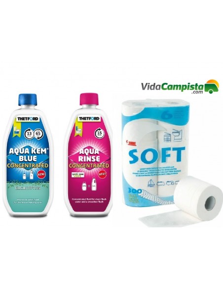 Pack Aqua Kem Blue eucalyptus concentrate + rinse concentrate + Soft Fiamma toilet paper.