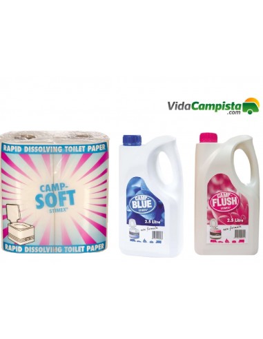 Pack Camp blu 2.5L + Flusso di campo 2.5L + Toilet Paper Soft Camp