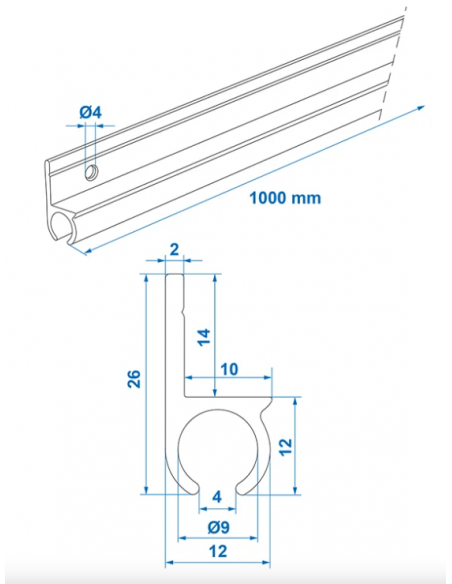 Riel aluminio para tienda, 180°, 100 x 2,6 cm