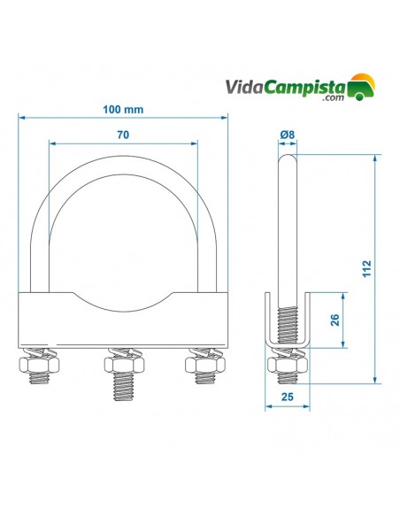 Pack de 2 abrazaderas en U redondo de 60/70mm para abrazadera rueda jockey ProPlus