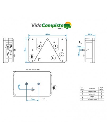 Luce posteriore 6 funzioni 218x140mm sinistra