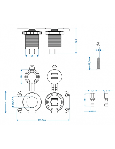 Kit de montaje empotrado con puertos USB y toma 12V