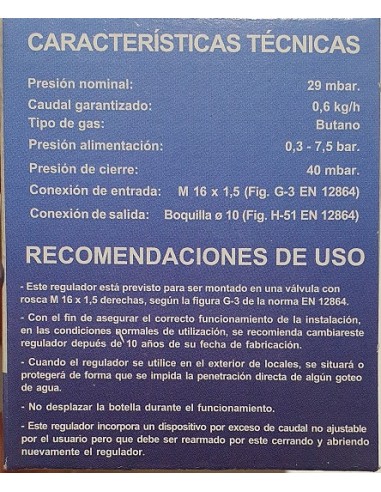 Regulador botella azul camping 29mbar. Salida giratoria