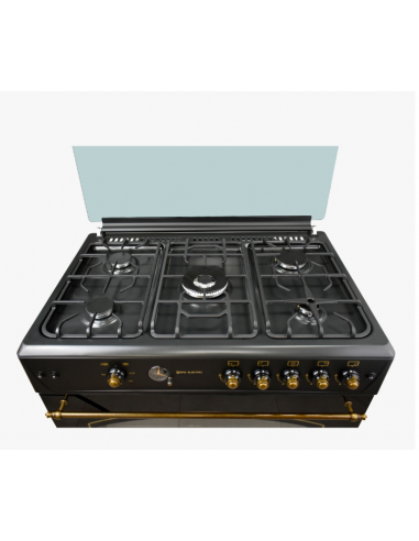 Cuisinière à gaz noire à 5 brûleurs de style rustique. Eas Electrique