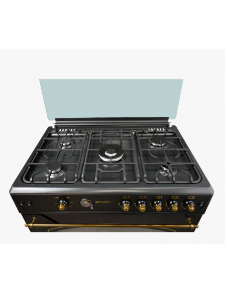 Cuisinière à gaz noire à 5 brûleurs de style rustique. Eas Electrique