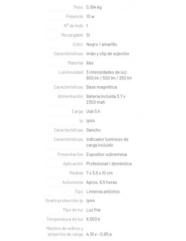 Linterna led recargable EDM 1 LED 10W 900lm con gancho e imán