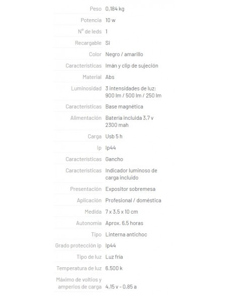 Linterna led recargable EDM 1 LED 10W 900lm con gancho e imán