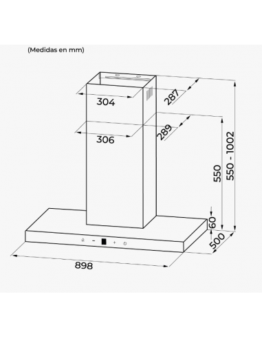 Campana de pared 90 cm color Inox frente en cristal negro