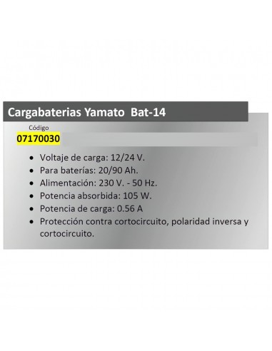 Cargador de baterías Yamato BAT14 12/24V. De 20-90Amp.