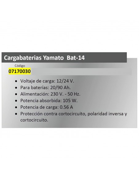 Cargador de baterías Yamato BAT14 12/24V. De 20-90Amp.