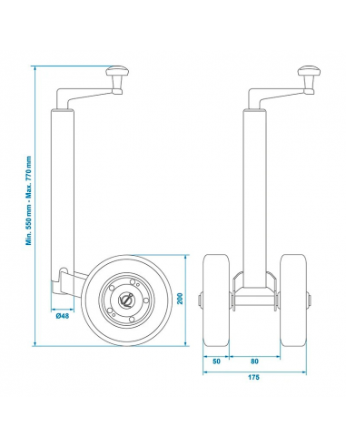 48 mm Doppelstützrad mit 200 x 50 mm Vollgummireifen ProPlus