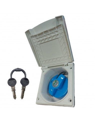 Caja exterior con bocana de entrada de agua externa con tapón y llave de cierre