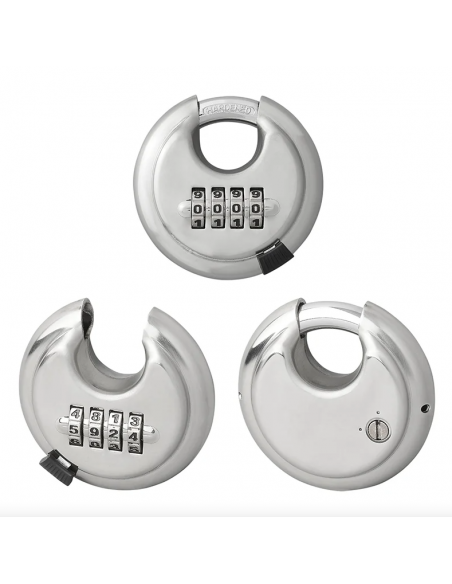 Stainless steel disc lock with 4-digit combination.