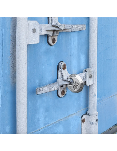 Stainless steel disc lock with 4-digit combination.