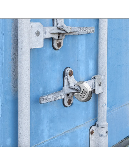 Stainless steel disc lock with 4-digit combination.