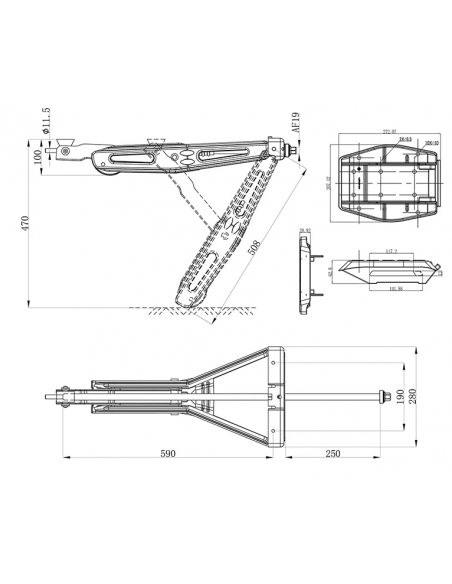 Stabilizzatore angolare per caravan 1000 kg 605x280 mm Al.:470 mm + piastra di supporto
