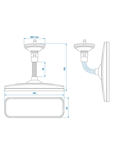 Retrovisor 164 x 55 mm con brazo extensible 4 cm y ventosa