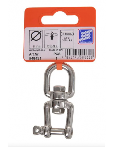 Grillete giratoria 6 mm, RVS AISI 316, ojo - tenedor, 1.350