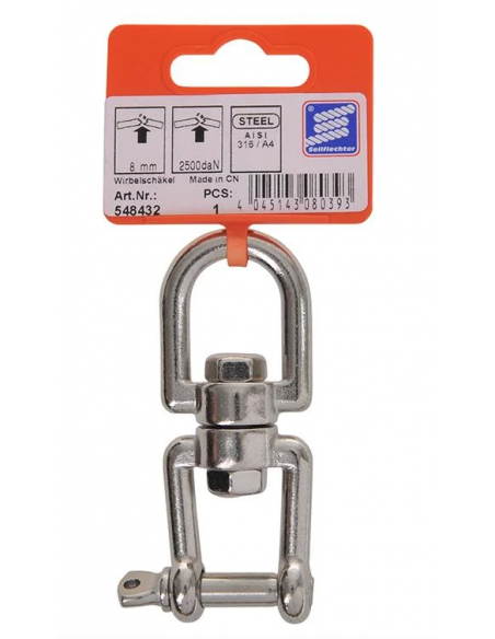 Grillete giratoria 8 mm, RVS AISI 316, ojo - tenedor, 2.500