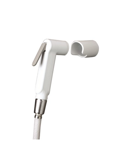 Juego cabezal de ducha con soporte y manguera en blanco