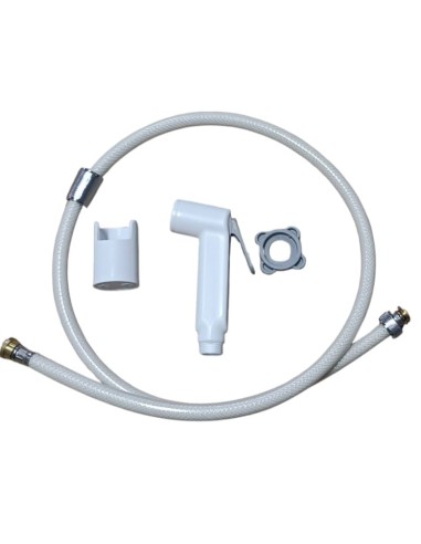 Juego cabezal de ducha con soporte y manguera en blanco