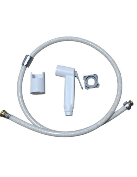 Juego cabezal de ducha con soporte y manguera en blanco