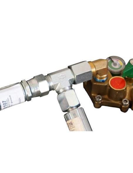 Kit de conexión para 2 cilindros (manguera de llenado 0,5 m recta - 90° + pieza en T)